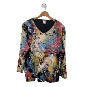 Jess & Jane Colorful Poetic Sequin Round Neck Pullover Top Size 2X Art to Wear